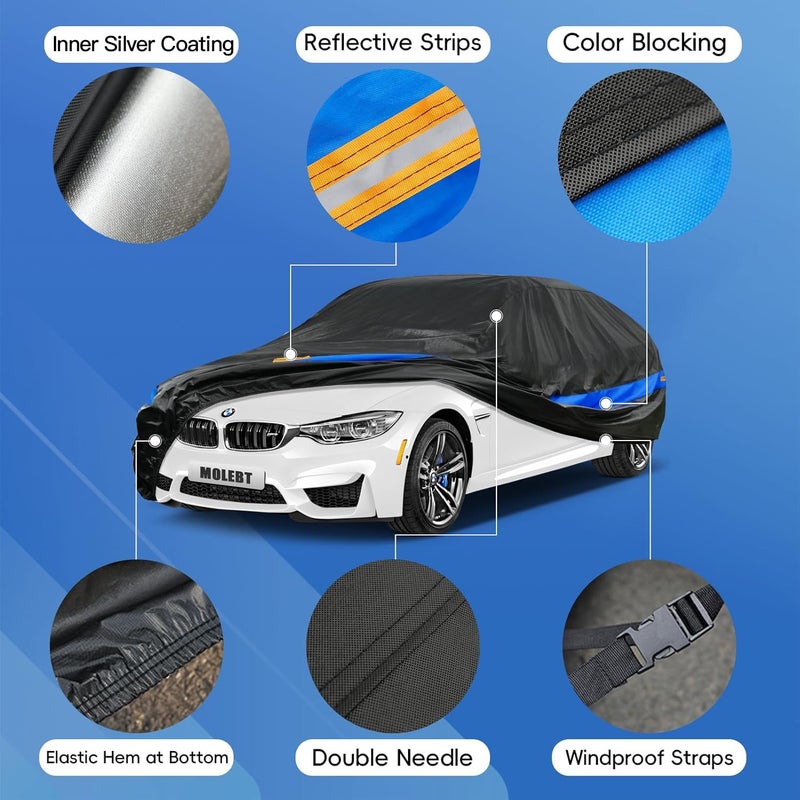Molebt غطاء سيارة Molebt مقاوم للماء في جميع الأحوال الجوية للسيارات مناسب عالميًا Genesis G90 Ford Crown Victoria/Galaxie Buick Roadmaster شيفروليه كابريس وما إلى ذلك مناسب لسيارة سيدان بطول يصل إلى 218 بوصة. - Image 4